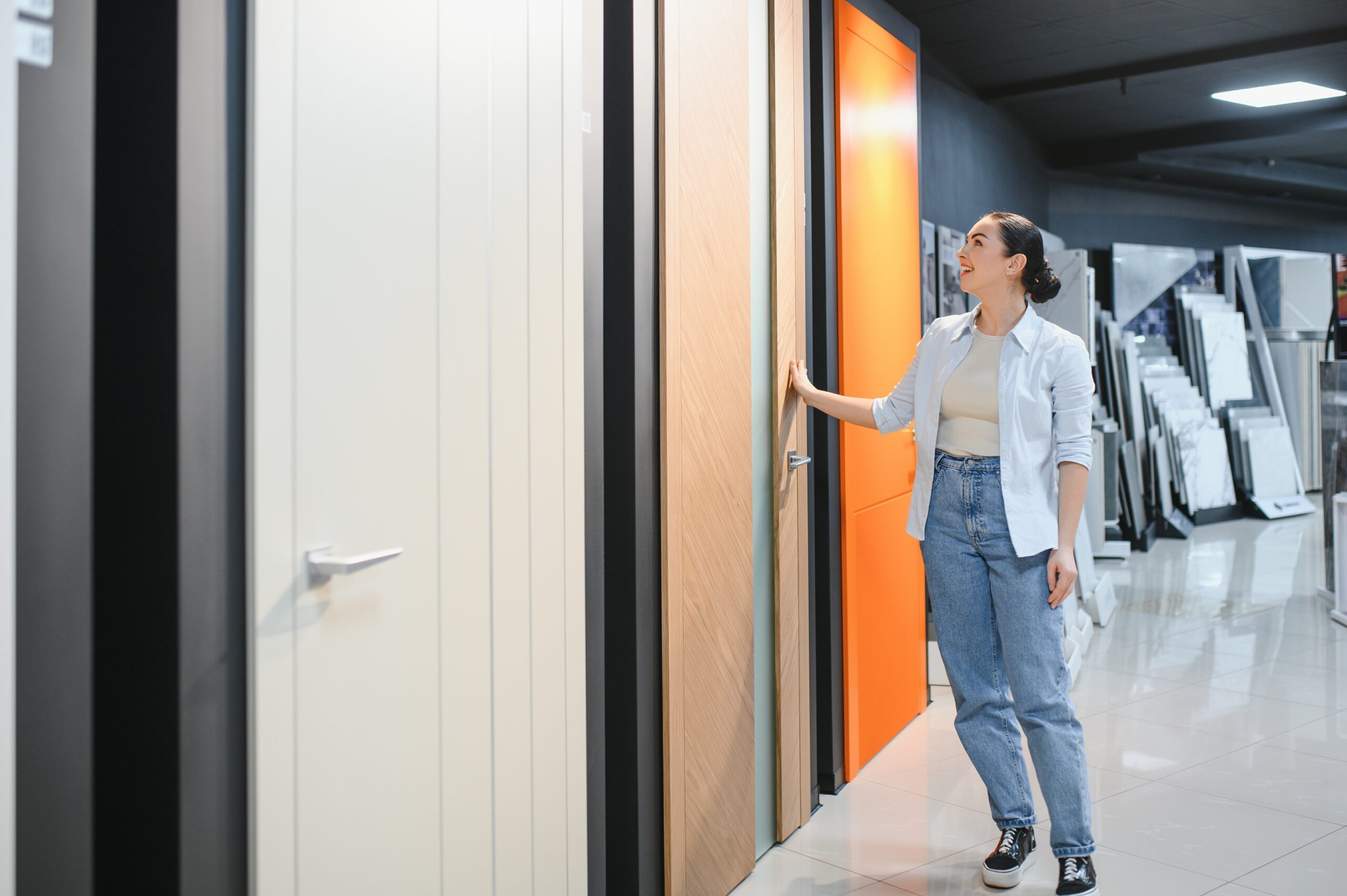 Woman standing in a modern showroom examining a variety of interior door styles, including woodgrain and brightly colored options.
