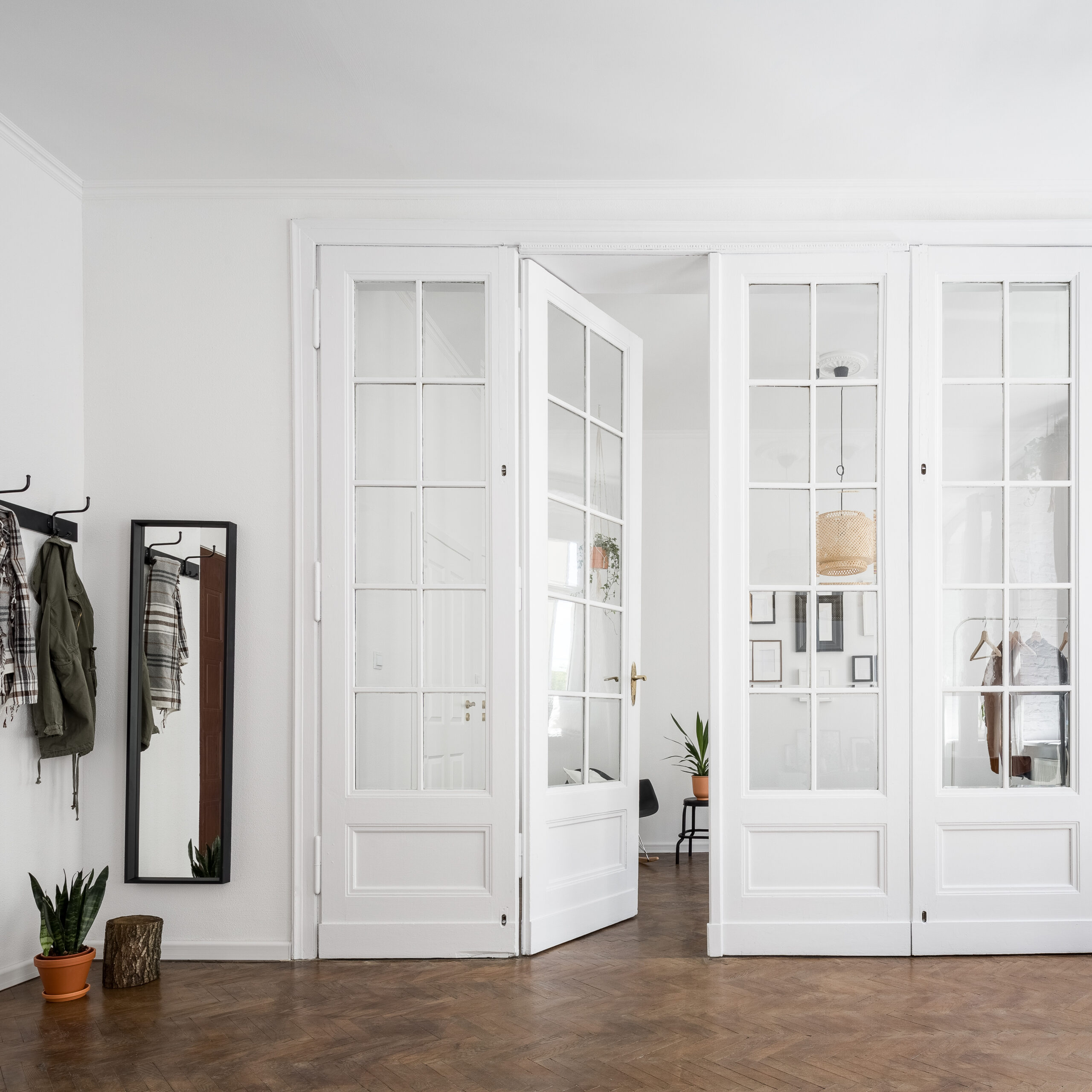 Elegant white French doors with multiple glass panes connecting two bright rooms in a modern home, styled with hardwood floors and minimal decor.