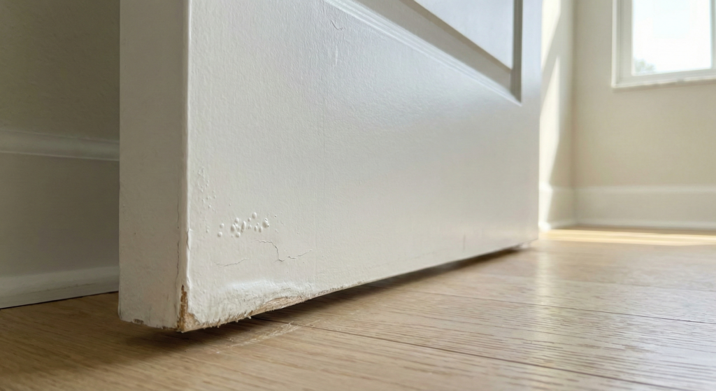 Close-up of a white interior door in a Florida home showing subtle humidity damage