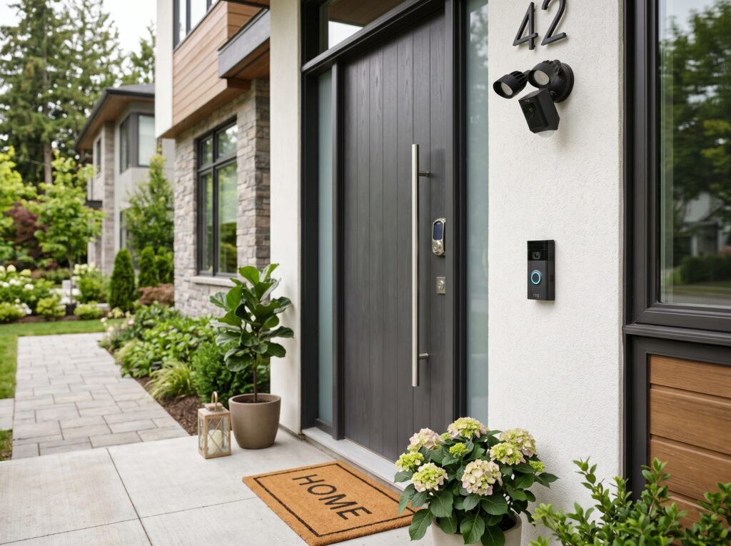 A Homeowner’s Guide to Smart Locks and Electronic Door Hardware 3 Modern home entry with a dark smart lock, video doorbell and exterior security camera.